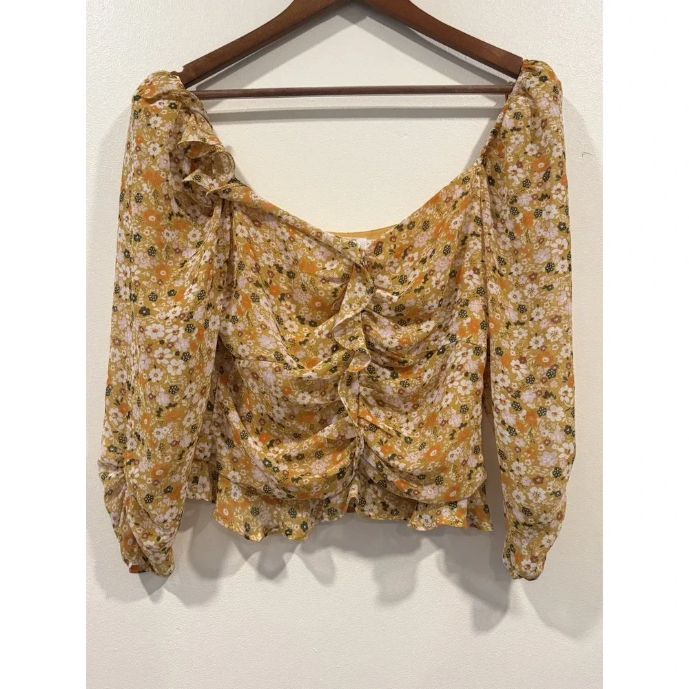Astr Yellow Floral Ruched Blouse Size Small